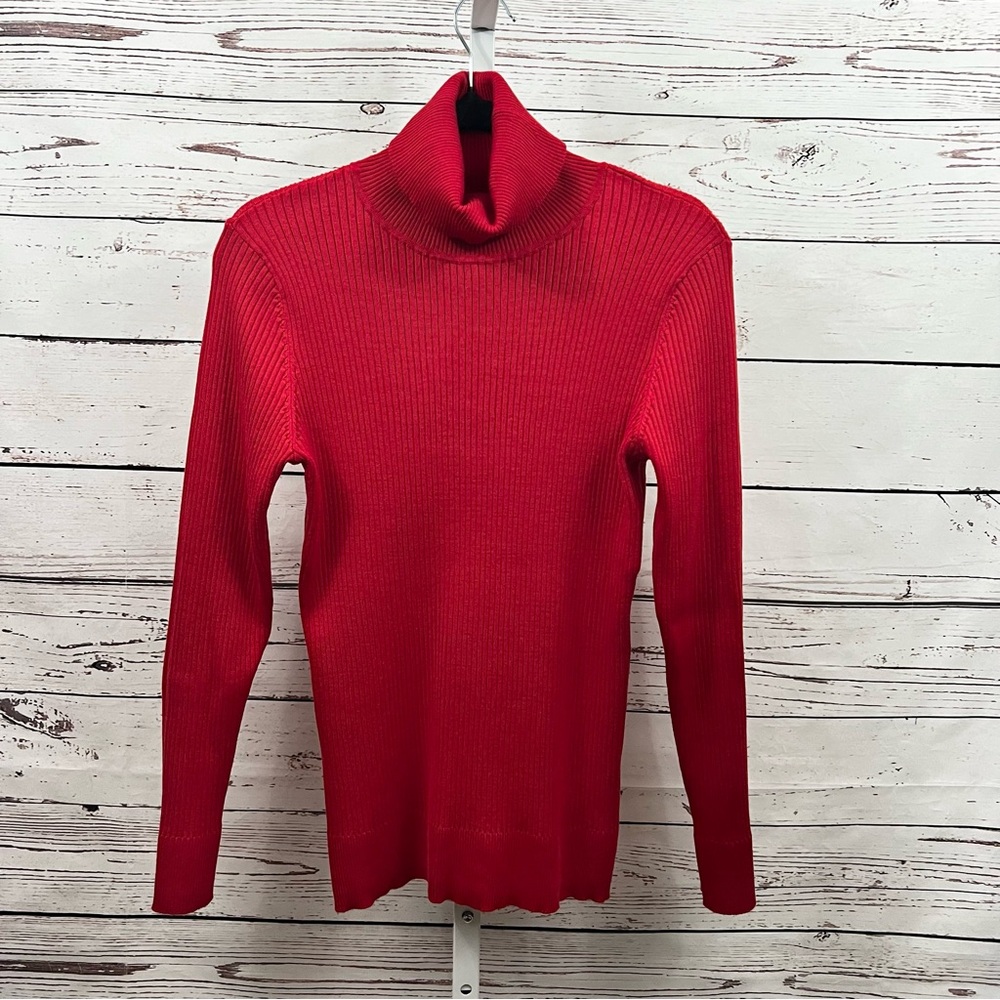 DKNY Vibrant Red Cowl Neck Ribbed Knit Turtleneck Sweater Medium